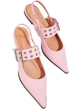 Women's Pink Leather Buckled Straps Pointed Toe Slingback Flat Ballerina Shoes